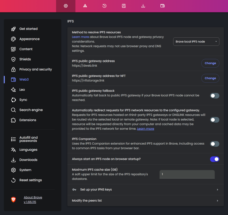 Brave&#x27;s IPFS Setting Screen
